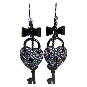 Betsey Johnson Black Crystal Heart Lock & Key Dangle Earrings 4" Valentine Love